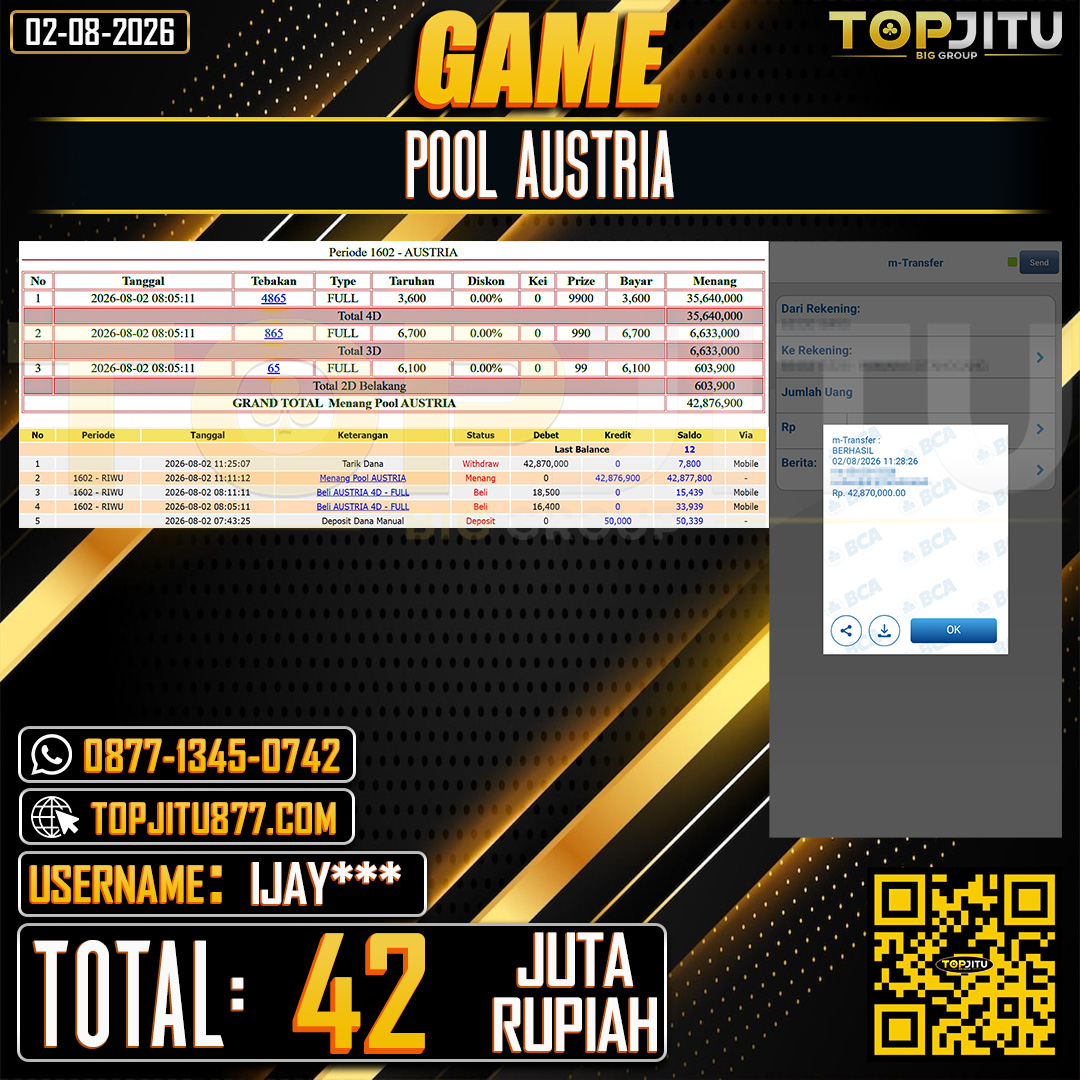 TOPJITU JACKPOT TOGEL PASARAN AUSTRIA Rp.42.000.000 ,- LUNAS USER ID : IJAY***