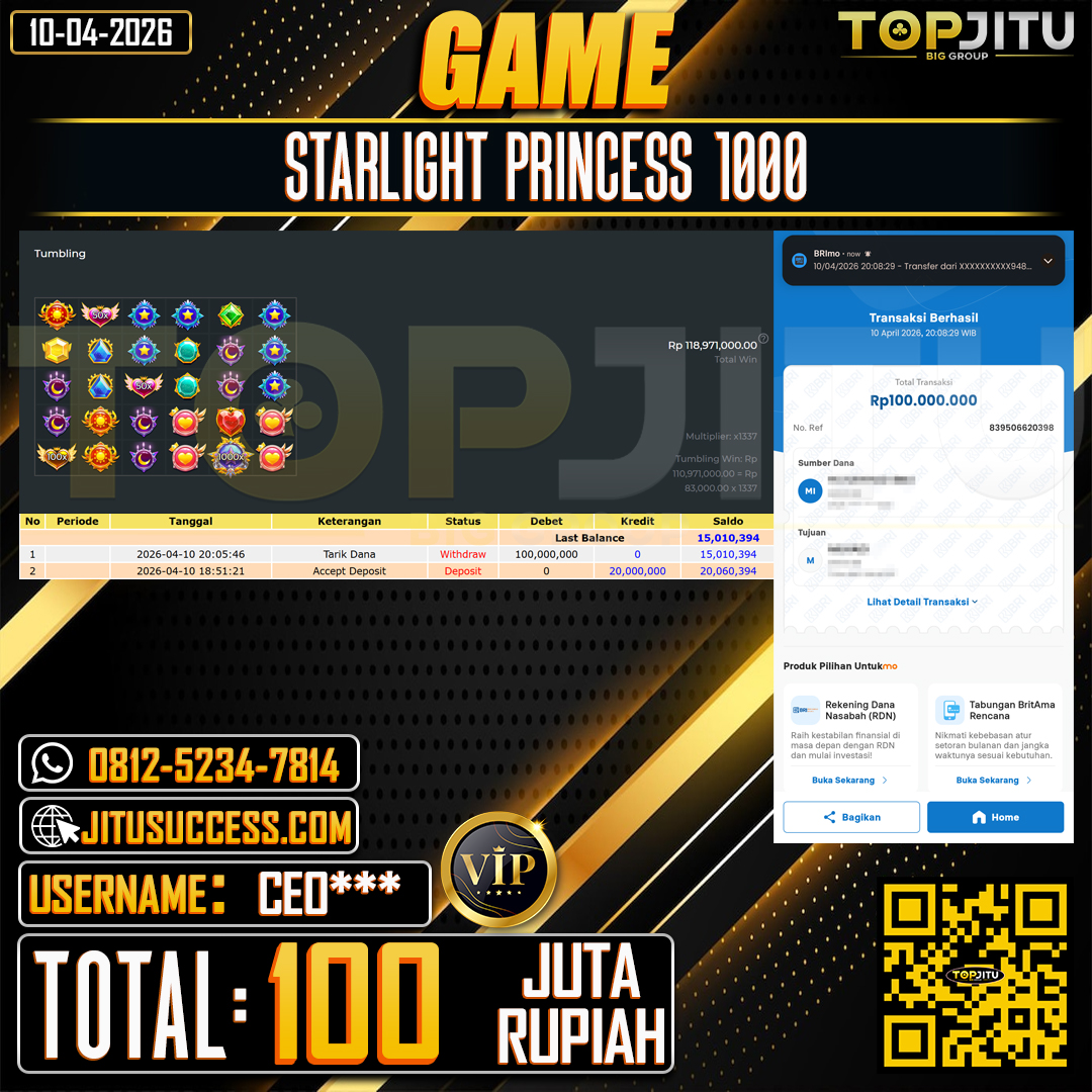     TOPJITU JACKPOT SLOT STARLIGHT PRINCESS 1000 Rp.100.000.000 ,- LUNAS USER ID :CEO***