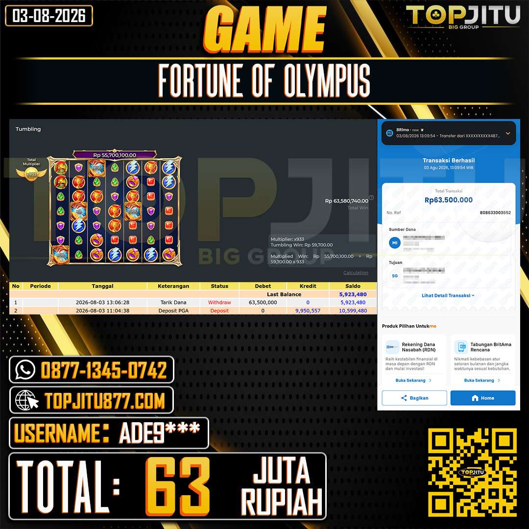 TOPJITU JACKPOT SLOT FORTUNE OF OLYMPUS Rp.63.000.000 ,- LUNAS USER ID : ADE9****