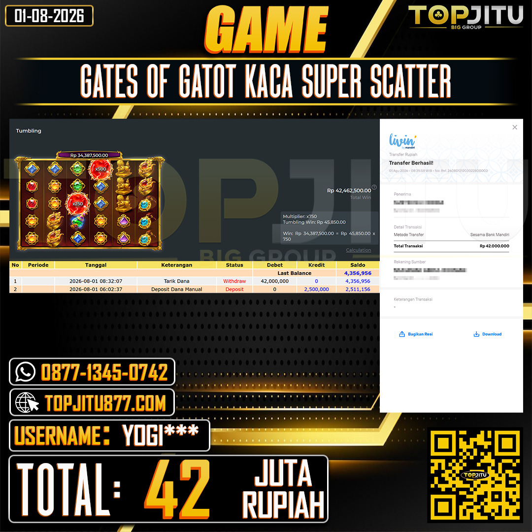 TOPJITU JACKPOT SLOT GATES OF GATOT KACA SUPER SCATTER Rp.42.000.000 ,- LUNAS USER ID : YOGI***