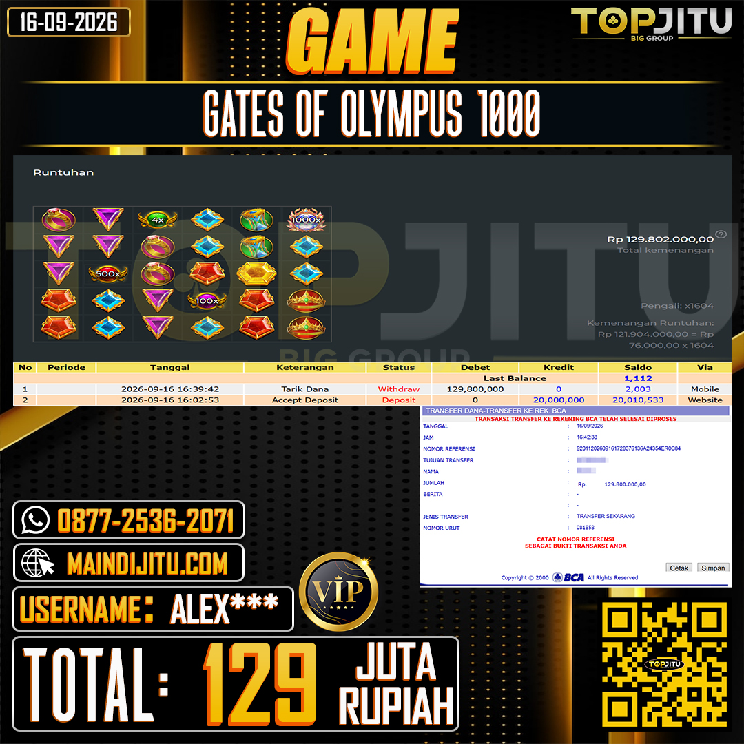TOPJITU JACKPOT SLOT GATES OF OLYMPUS 1000 Rp.129.000.000 ,- LUNAS USER ID : ALEX***