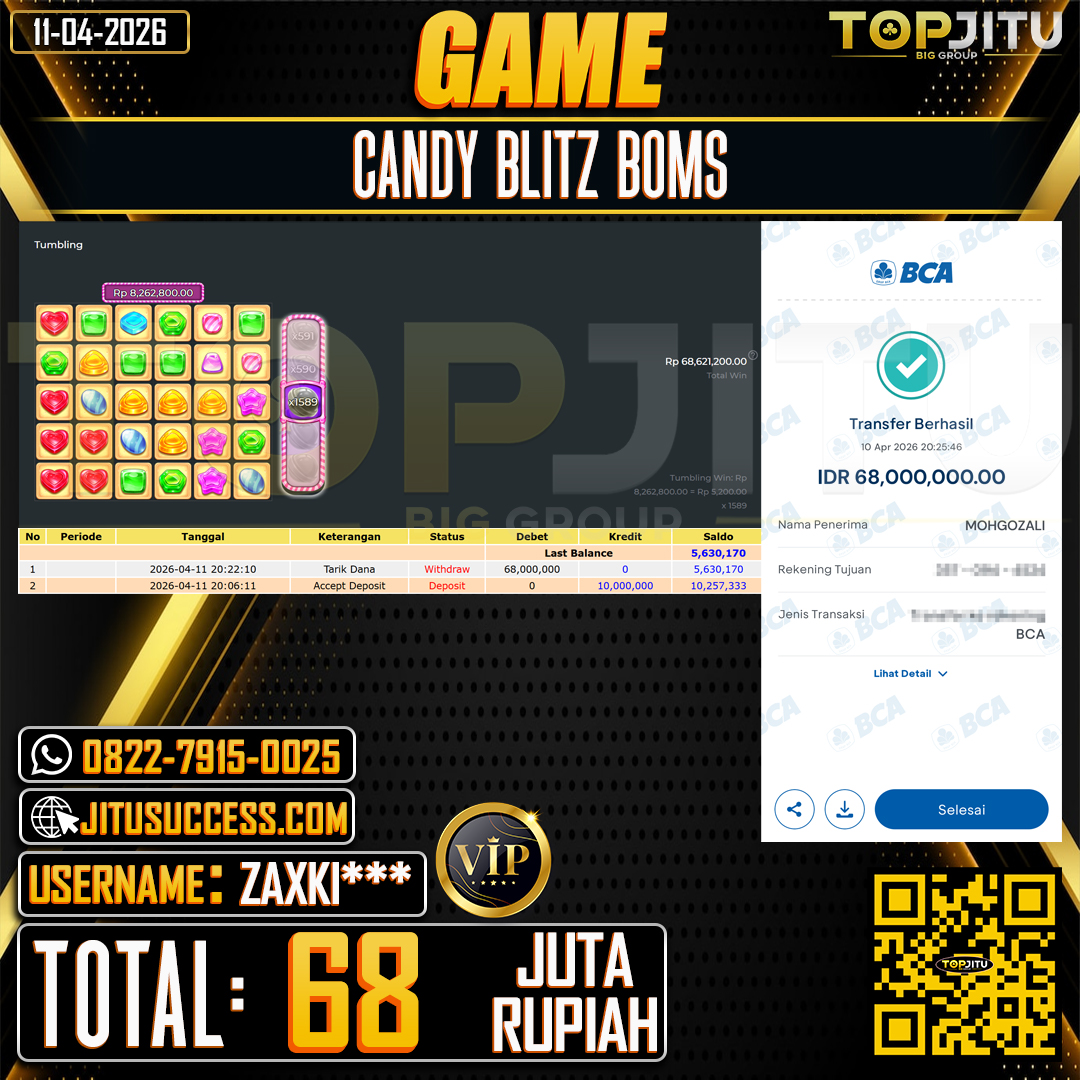     TOPJITU JACKPOT SLOT  CANDY BLITZ BOMS Rp.68.000.000 ,- LUNAS USER ID :ZAXKI***