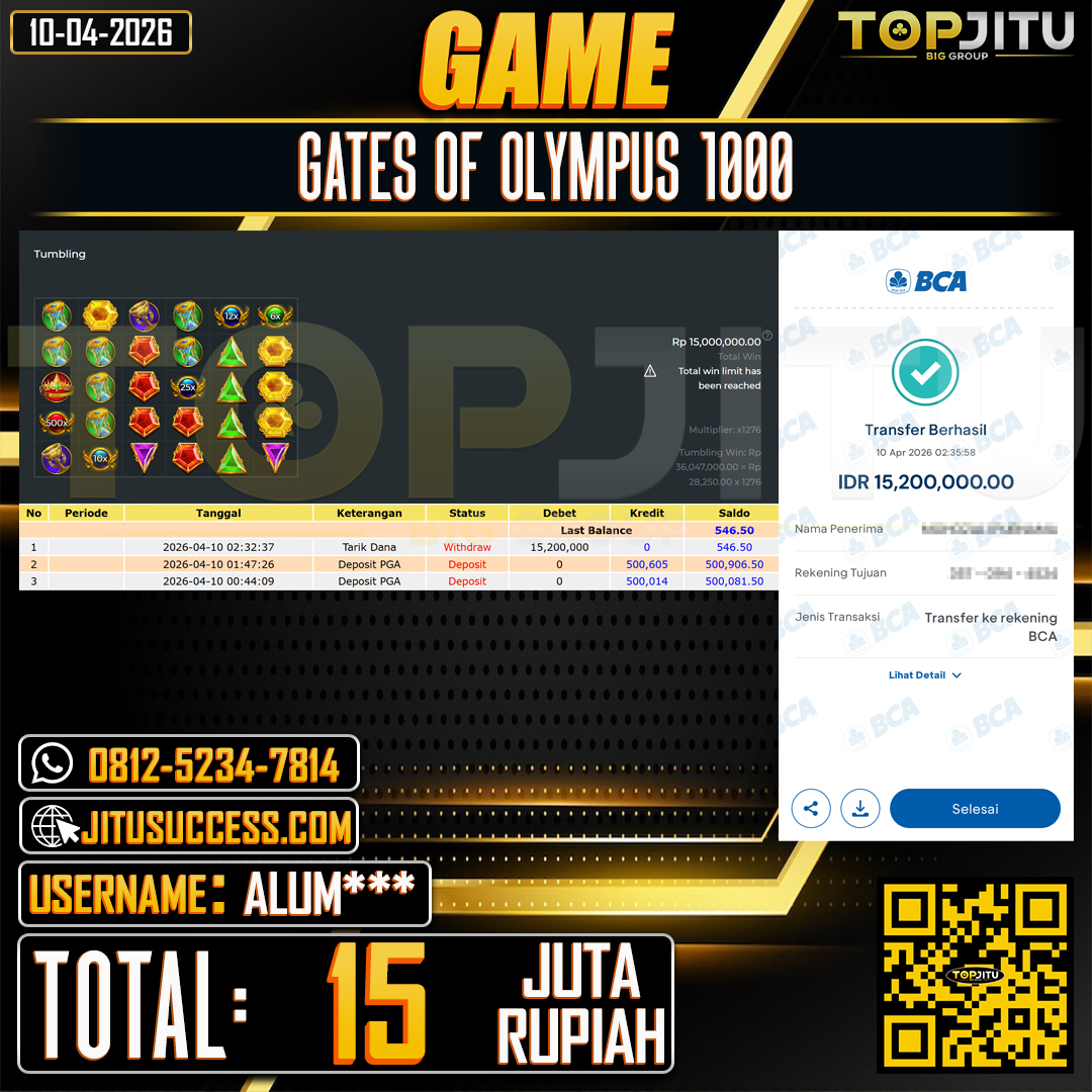     TOPJITU JACKPOT SLOT GATES OF OLYMPUS 1000 Rp.15.000.000 ,- LUNAS USER ID :ALUM***