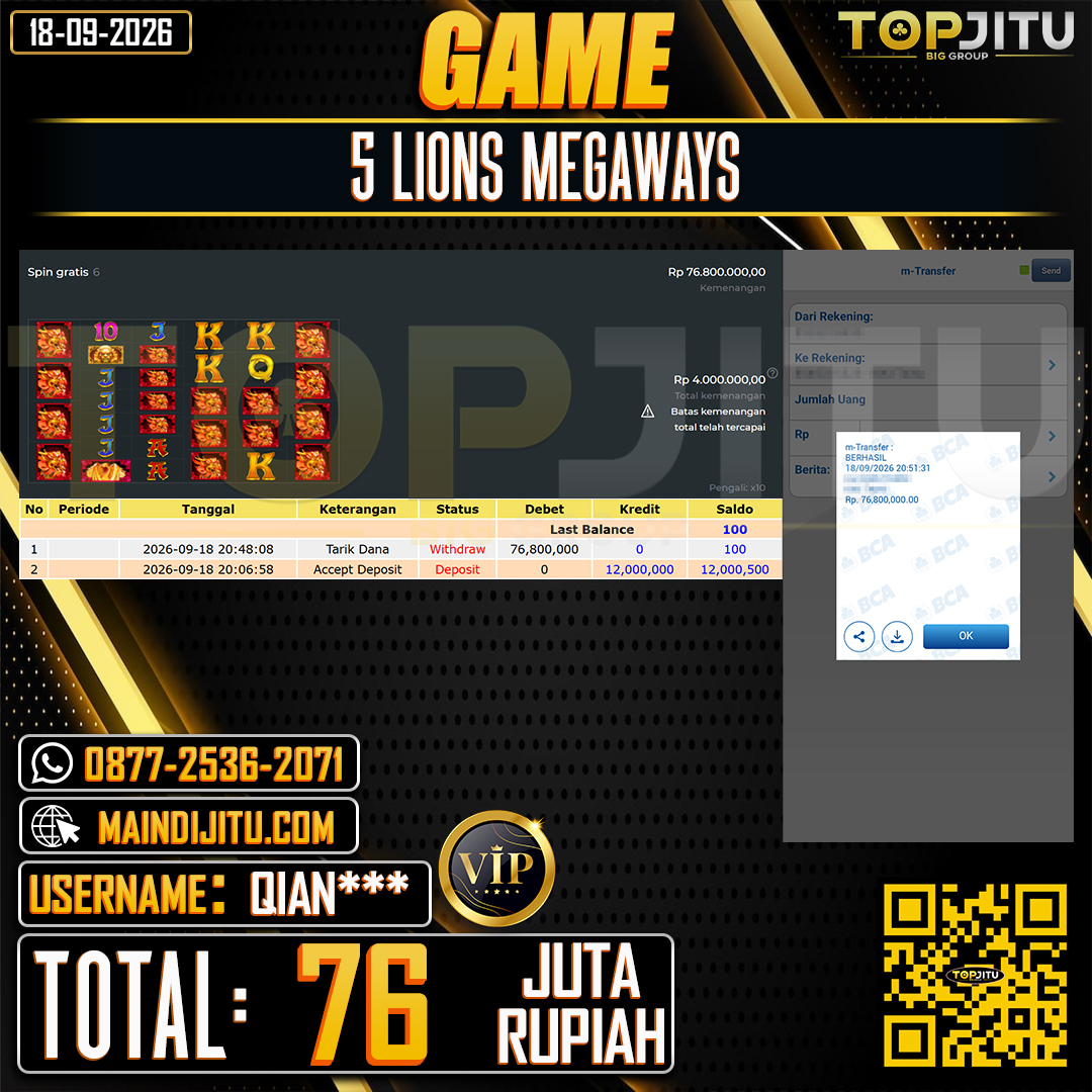 TOPJITU JACKPOT SLOT 5 LIONS MEGAWAYS Rp.76.000.000 ,- LUNAS USER ID : QIAN****