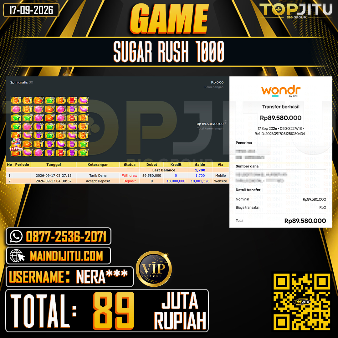 TOPJITU JACKPOT SLOT SUGAR RUSH 1000 Rp.89.000.000 ,- LUNAS USER ID : NERA****