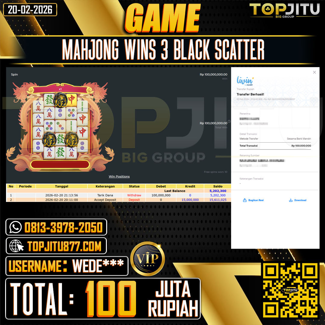          TOPJITU JACKPOT SLOT MAHJONG WINS 3 BLACK SCATTER  Rp.100.000.000 ,- LUNAS USER ID:WEDE***