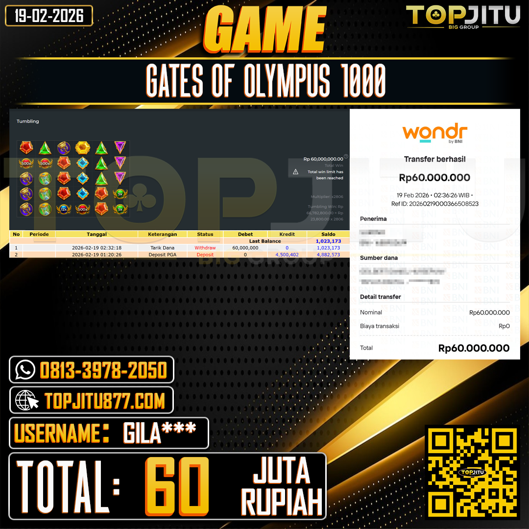          TOPJITU JACKPOT SLOT GATES OF OLYMPUS 1000  Rp.60.000.000 ,- LUNAS USER ID:GILA***