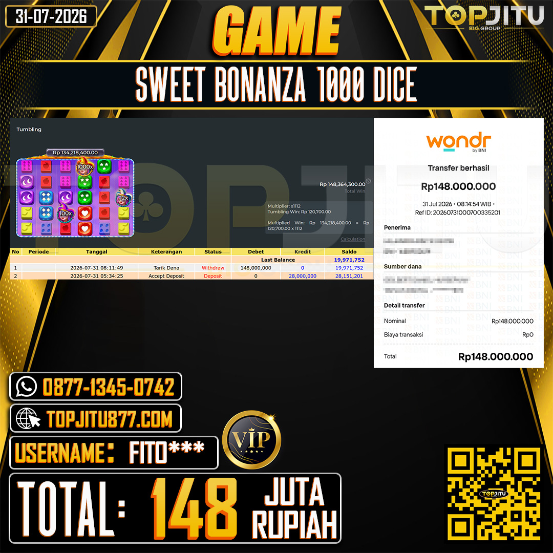 TOPJITU JACKPOT SLOT SWEET BONANZA 1000 DICE Rp.148.000.000 ,- LUNAS USER ID : FITO***