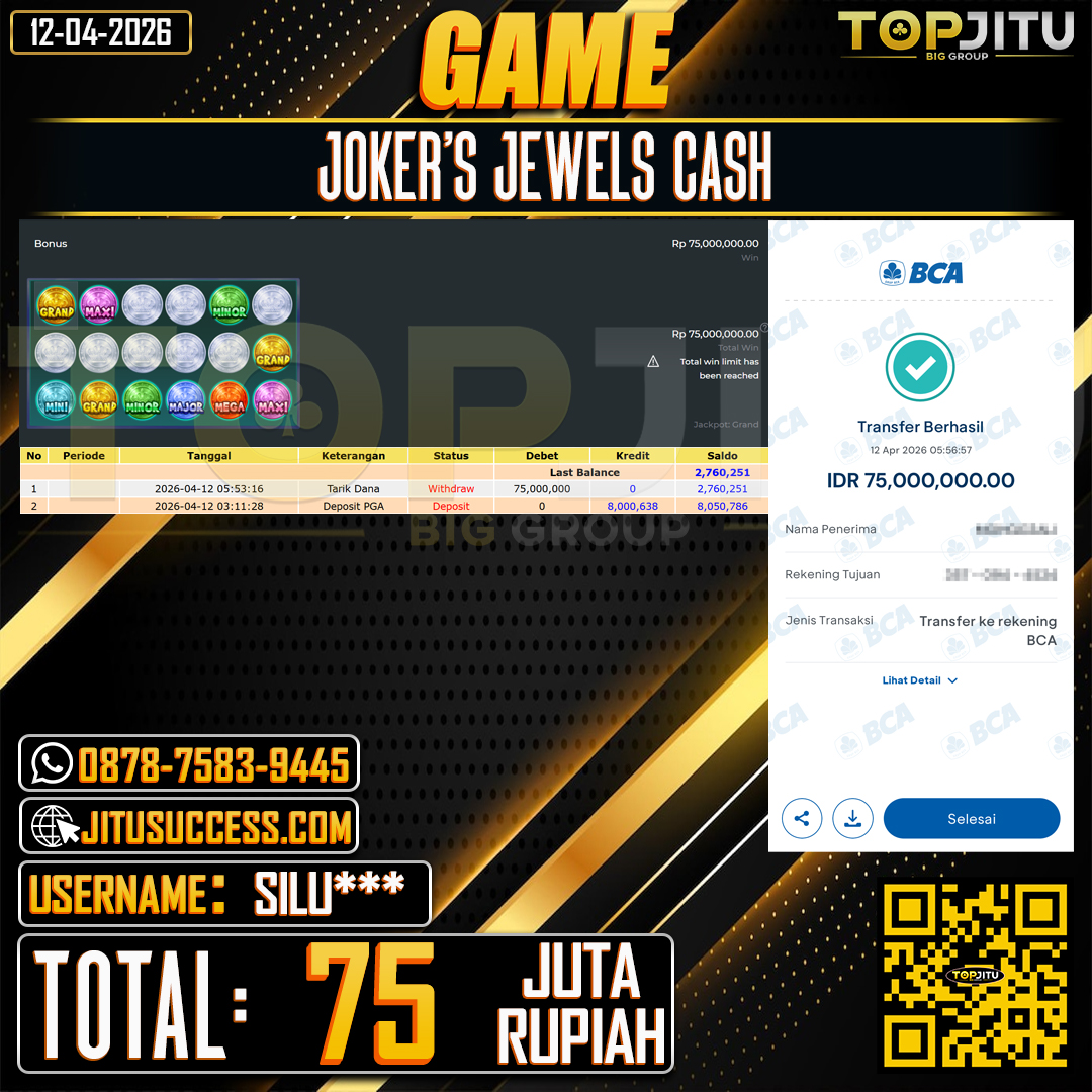 TOPJITU JACKPOT SLOT  JOKER'S JEWELS CASH Rp.75.000.000 ,- LUNAS USER ID :SILU***