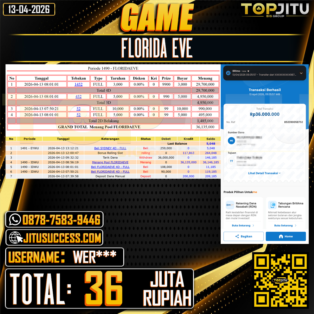TOPJITU JACKPOT TOGEL FLORIDA EVE Rp.36.000.000 ,- LUNAS USER ID :WER***