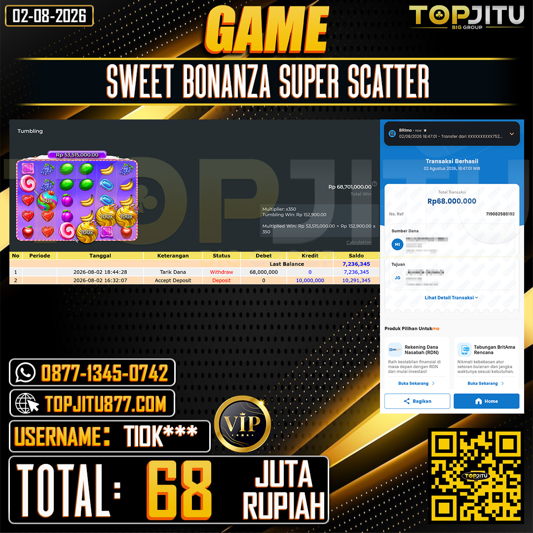 TOPJITU JACKPOT SLOT SWEET BONANZA SUPER SCATTER Rp.68.000.000 ,- LUNAS USER ID : TIOK***