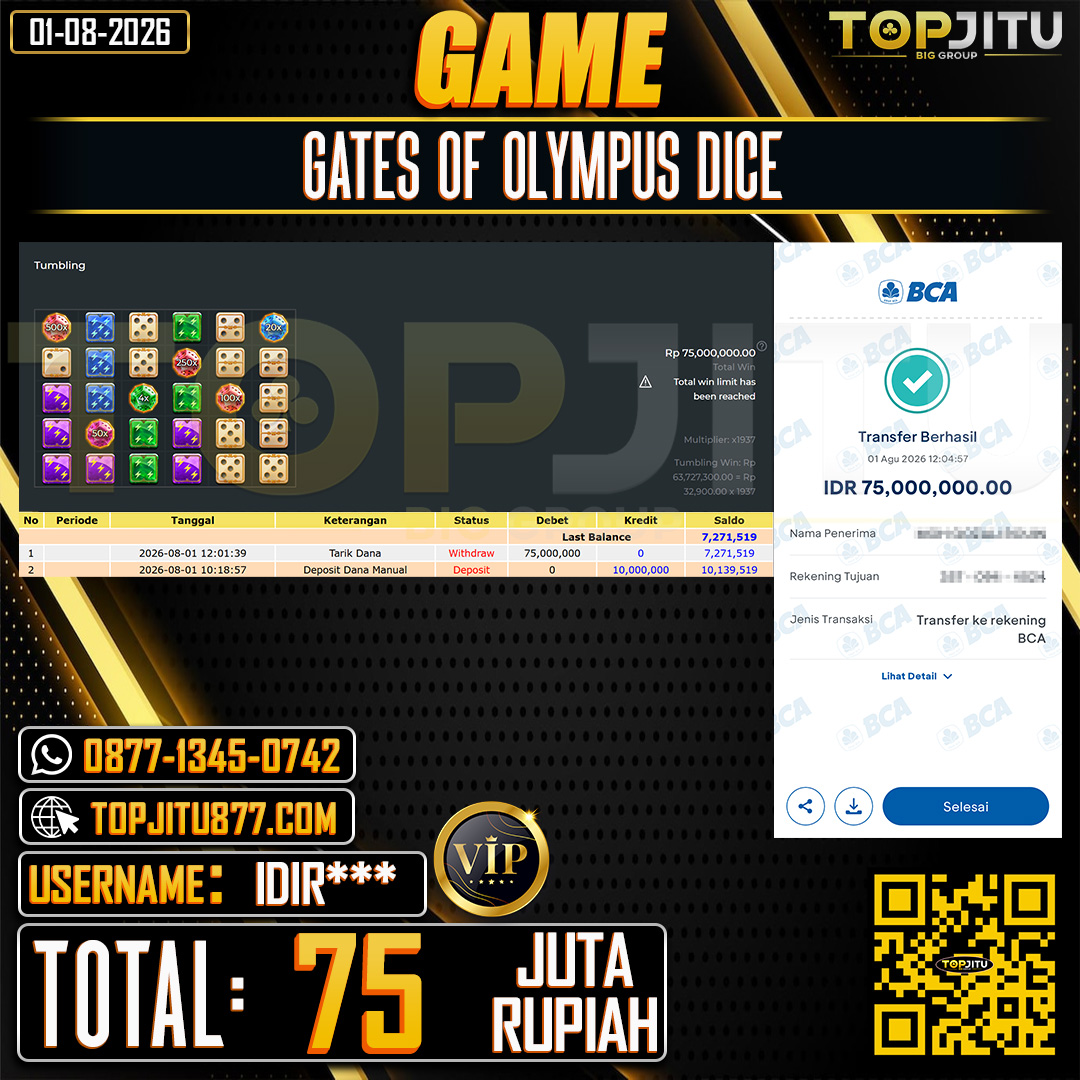 TOPJITU JACKPOT SLOT GATES OF OLYMPUS DICE Rp.75.000.000 ,- LUNAS USER ID : IDIR***