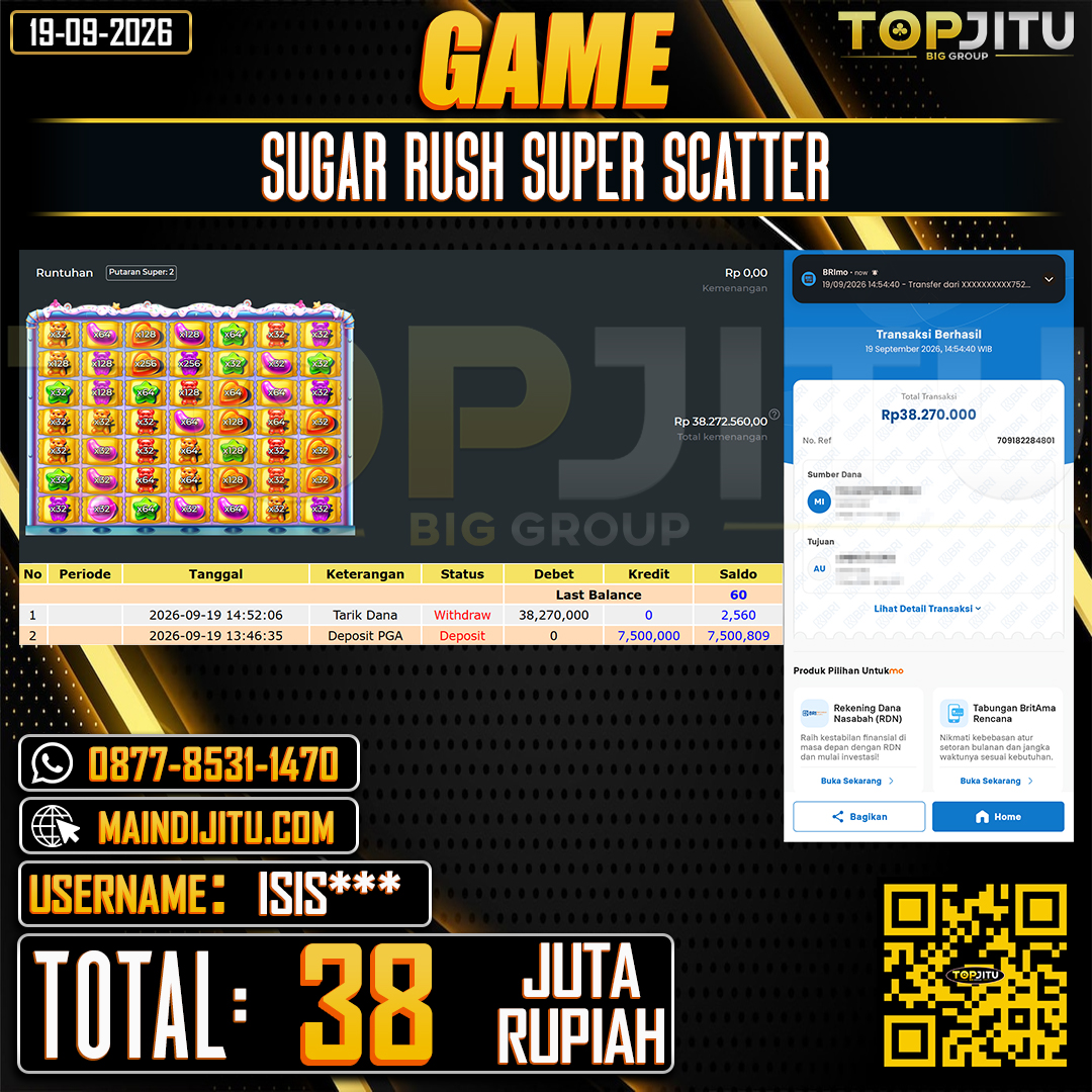 TOPJITU JACKPOT SLOT SUGAR RUSH SUPER SCATTER Rp.38.000.000 ,- LUNAS USER ID : ISIS****