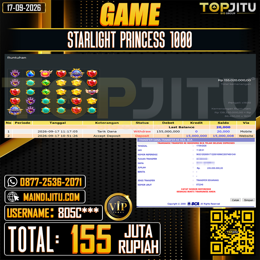 TOPJITU JACKPOT SLOT STARLIGHT PRINCESS 1000 Rp.155.000.000 ,- LUNAS USER ID : 805C***
