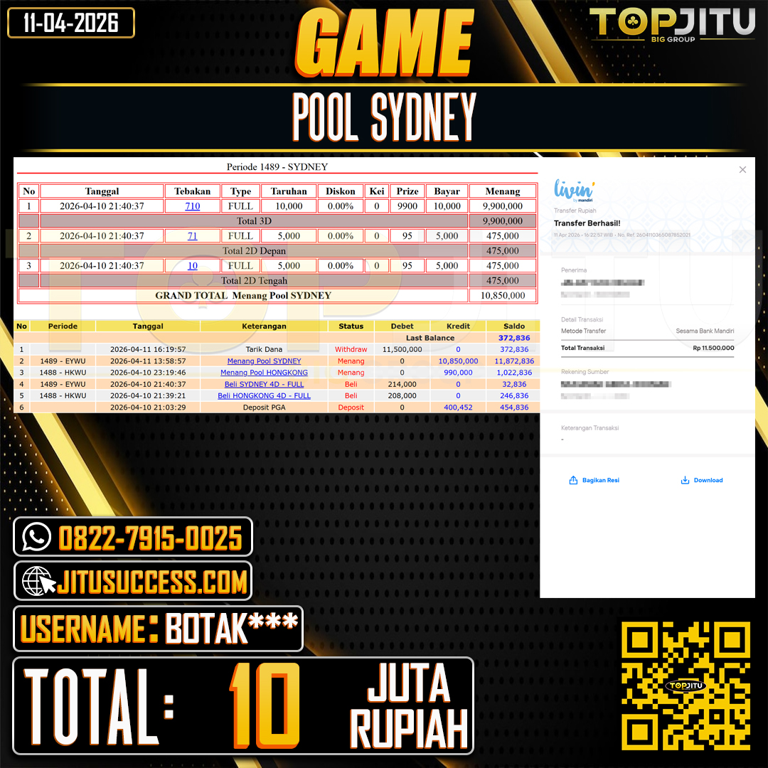     TOPJITU JACKPOT TOGEL PASARAN SYDNEY  Rp.10.000.000 ,- LUNAS USER ID :BOTAK***