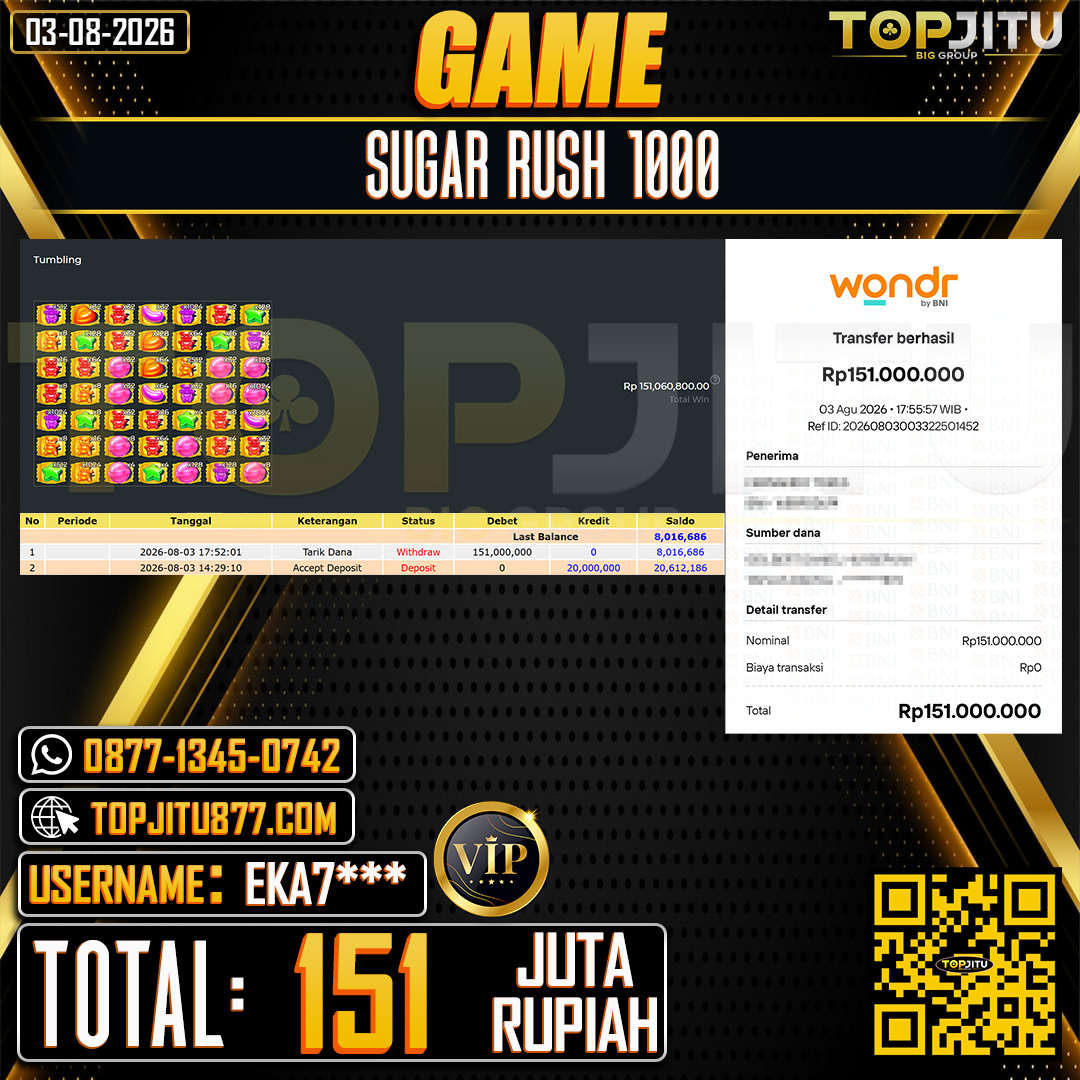 TOPJITU JACKPOT SLOT SUGAR RUSH 1000 Rp.151.000.000 ,- LUNAS USER ID : EKA7***