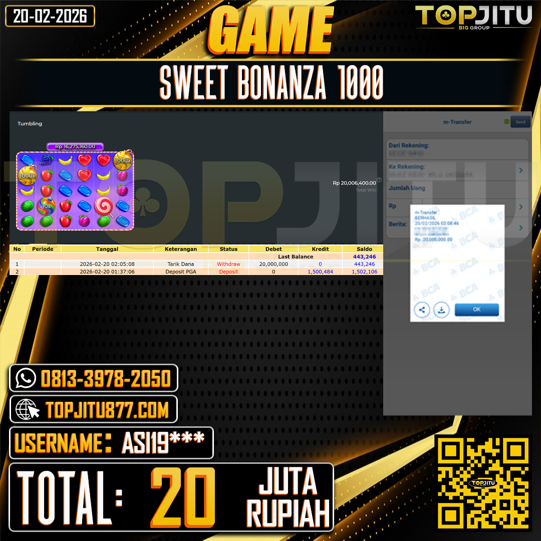  TOPJITU JACKPOT SLOT  SWEET BONANZA 1000 Rp.20.000.000 ,- LUNAS USER ID:ASI19***