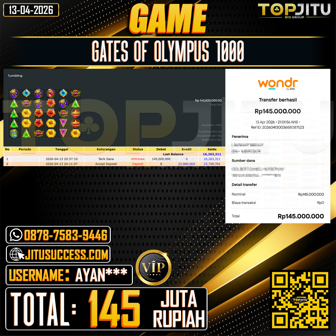 TOPJITU JACKPOT SLOT GATES OF OLYMPUS 1000 Rp.145.000.000 ,- LUNAS USER ID :AYAN***