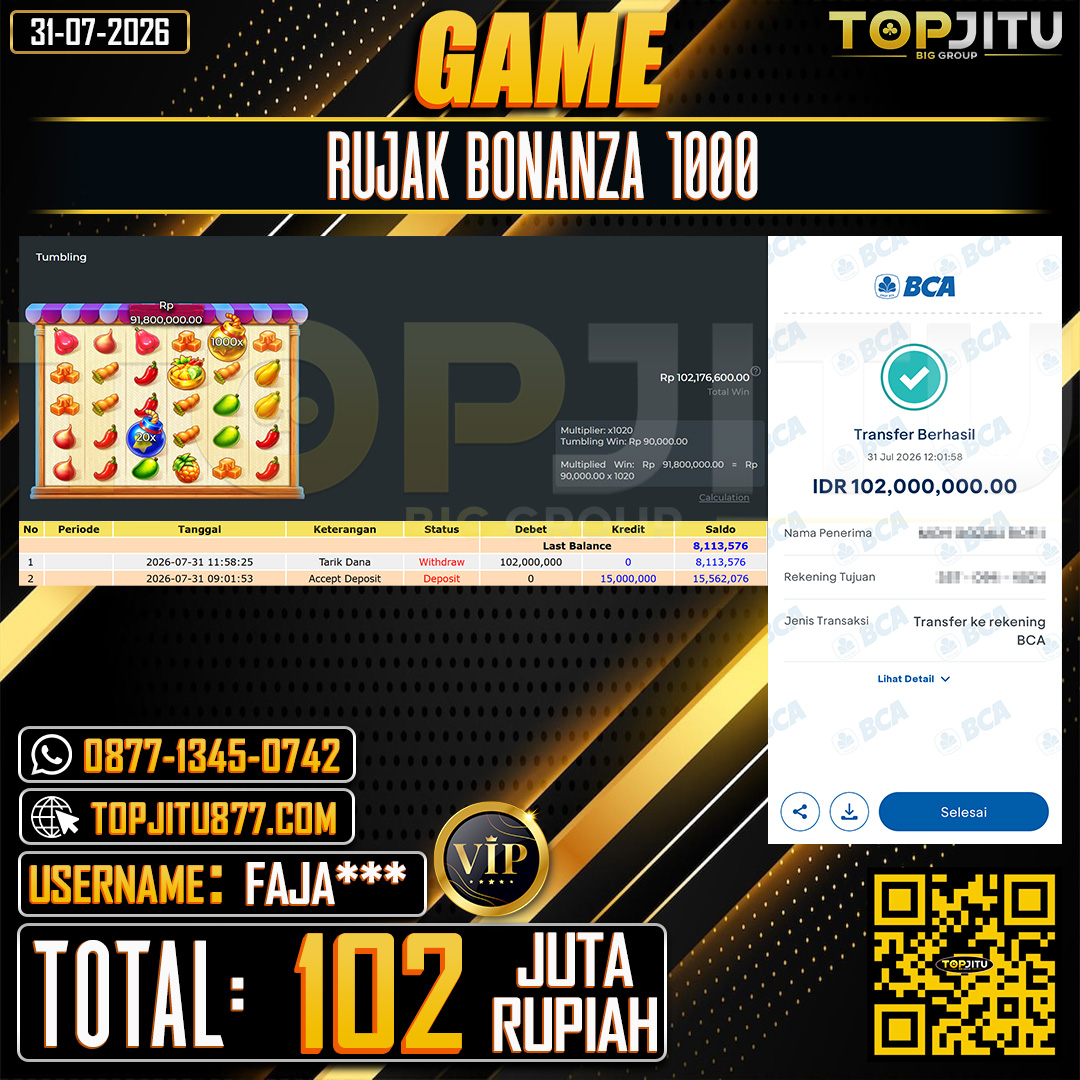TOPJITU JACKPOT SLOT RUJAK BONANZA 1000 Rp.102.000.000 ,- LUNAS USER ID : FAJA***