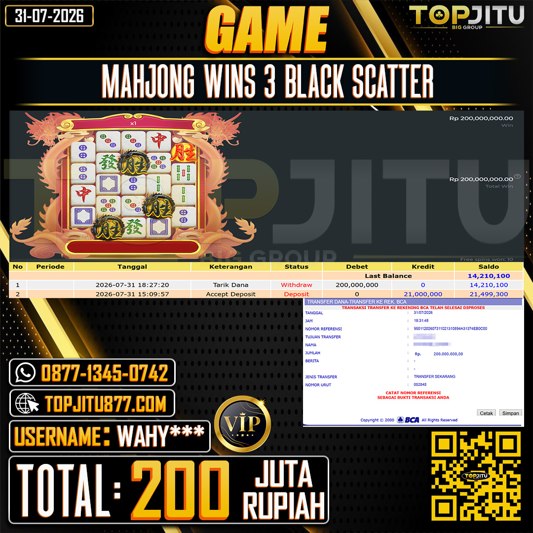 TOPJITU JACKPOT SLOT MAHJONG WINS 3 BLACK SCATTER Rp.200.000.000 ,- LUNAS USER ID : WAHY***
