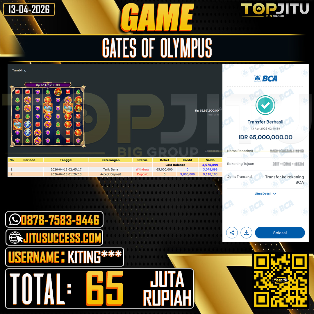 TOPJITU JACKPOT SLOT GATES OF OLYMPUS Rp.65.000.000 ,- LUNAS USER ID :KITING***