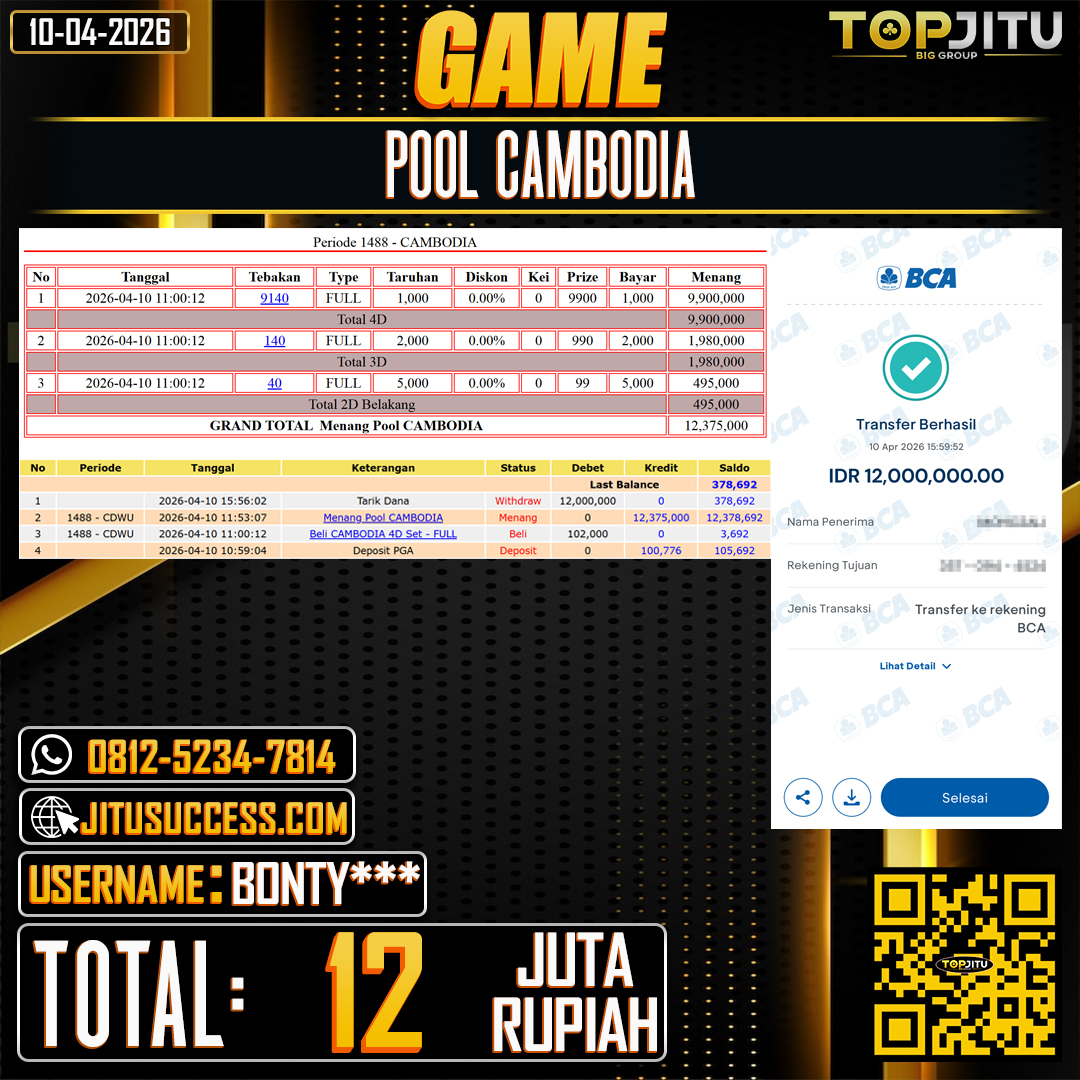   TOPJITU JACKPOT TOGEL PASARAN CAMBODIA Rp.12.000.000 ,- LUNAS USER ID :BONTY***