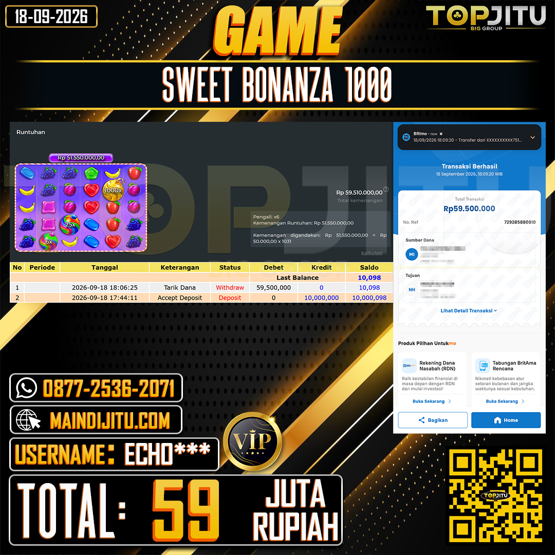 TOPJITU JACKPOT SLOT SWEET BONANZA 1000 Rp.59.000.000 ,- LUNAS USER ID : ECHO****