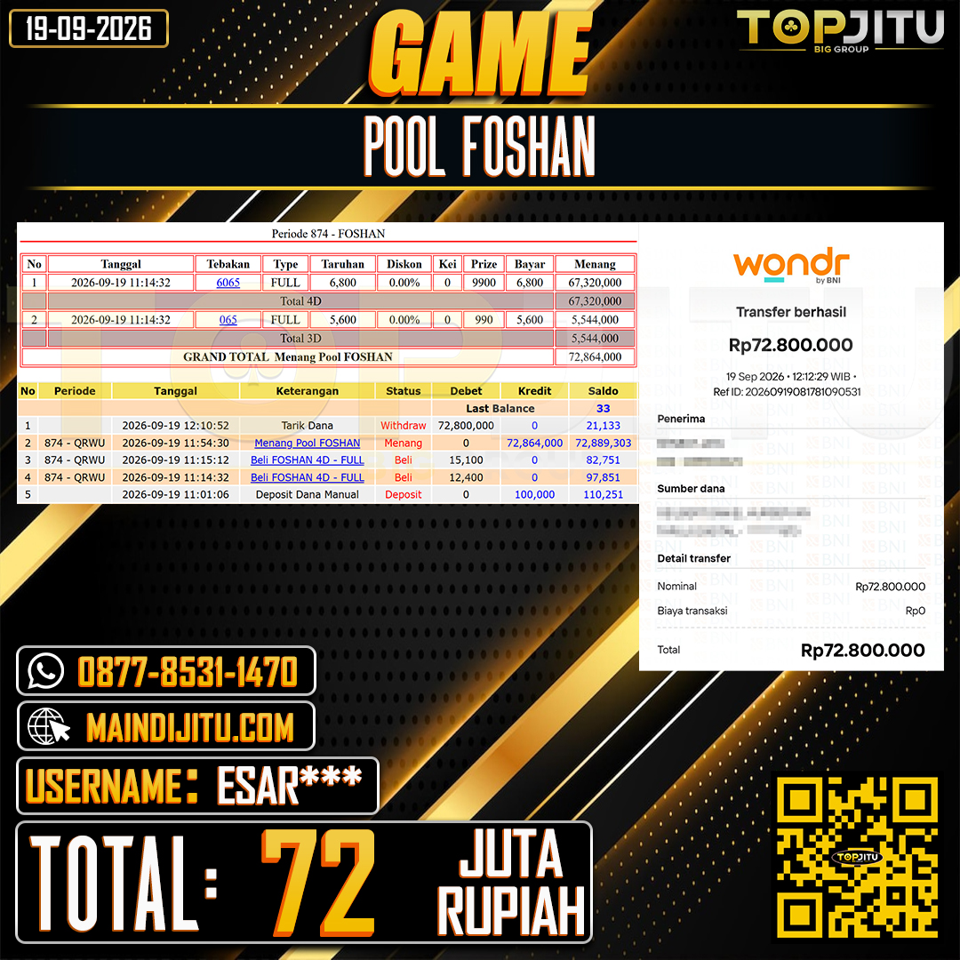 TOPJITU JACKPOT TOGEL PASARAN FOSHAN Rp.72.000.000 ,- LUNAS USER ID : ESAR****
