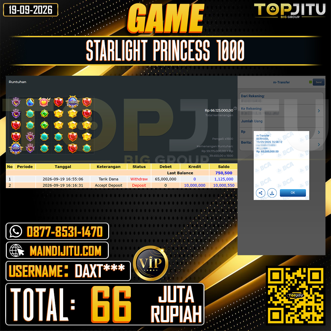 TOPJITU JACKPOT SLOT STARLIGHT PRINCESS 1000 Rp.66.000.000 ,- LUNAS USER ID : DAXT****