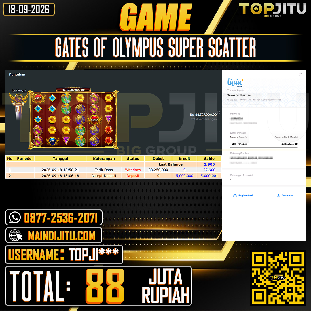 TOPJITU JACKPOT SLOT GATES OF OLYMPUS SUPER SCATTER Rp.88.000.000 ,- LUNAS USER ID : TOPJI****