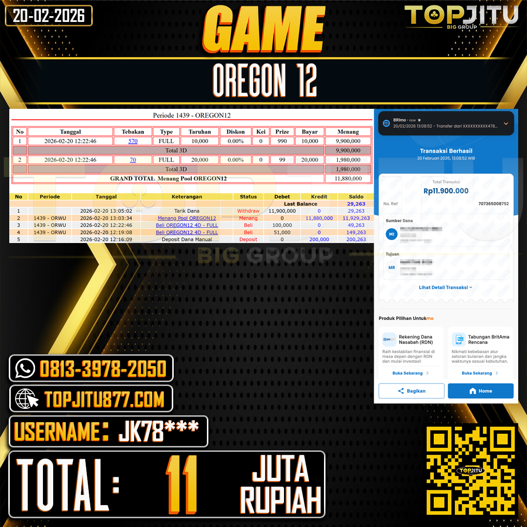  TOPJITU JACKPOT TOGEL PASARAN  OREGON 12 Rp.11.000.000 ,- LUNAS USER ID:JK78***