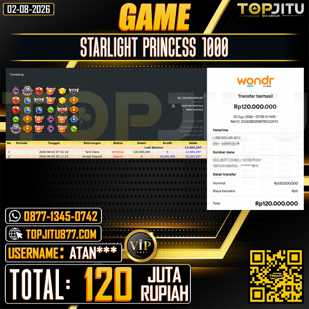 TOPJITU JACKPOT SLOT STARLIGHT PRINCESS 1000 Rp.120.000.000 ,- LUNAS USER ID : ATAN***