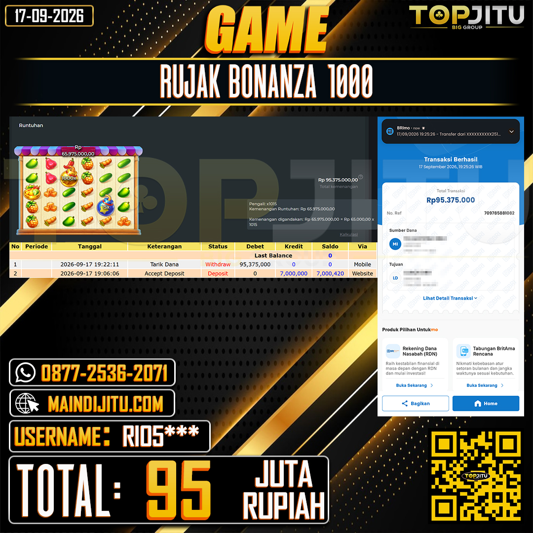 TOPJITU JACKPOT SLOT RUJAK BONANZA 1000 Rp.95.000.000 ,- LUNAS USER ID : RIO5****