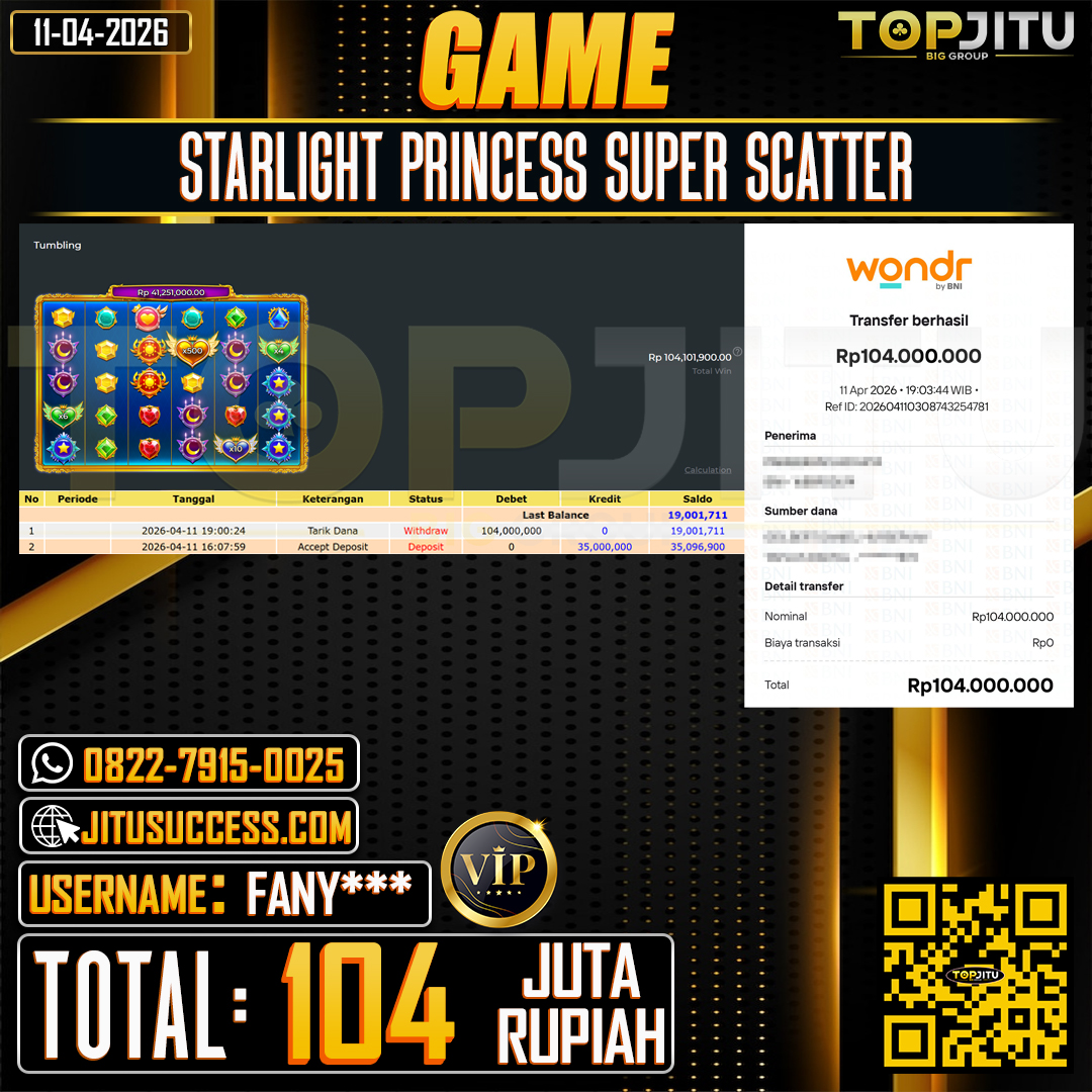 TOPJITU JACKPOT SLOT STARLIGHT PRINCESS SUPER SCATTER Rp.104.000.000 ,- LUNAS USER ID :FANY***