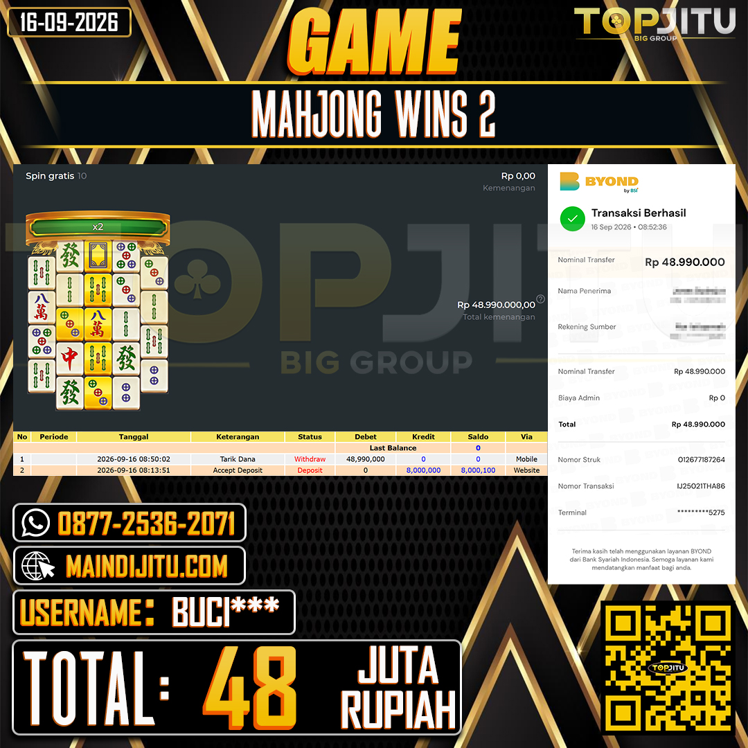 TOPJITU JACKPOT SLOT MAHJONG WINS 2 Rp.48.000.000 ,- LUNAS USER ID : BUCI***