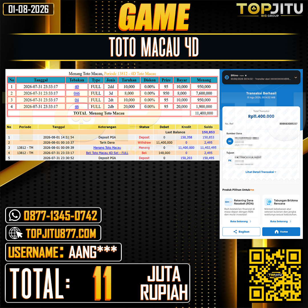 TOPJITU JACKPOT TOGEL PASARAN TOTO MACAU 4D Rp.11.000.000 ,- LUNAS USER ID : AANG***