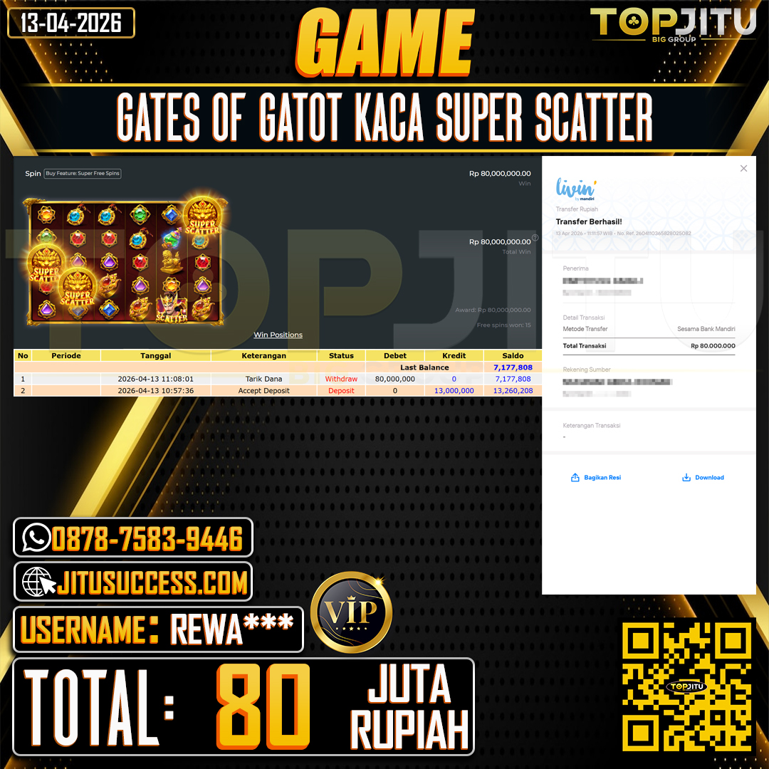TOPJITU JACKPOT SLOT GATES OF GATOT KACA SUPER SCATTER  Rp.80.000.000 ,- LUNAS USER ID :REWA***