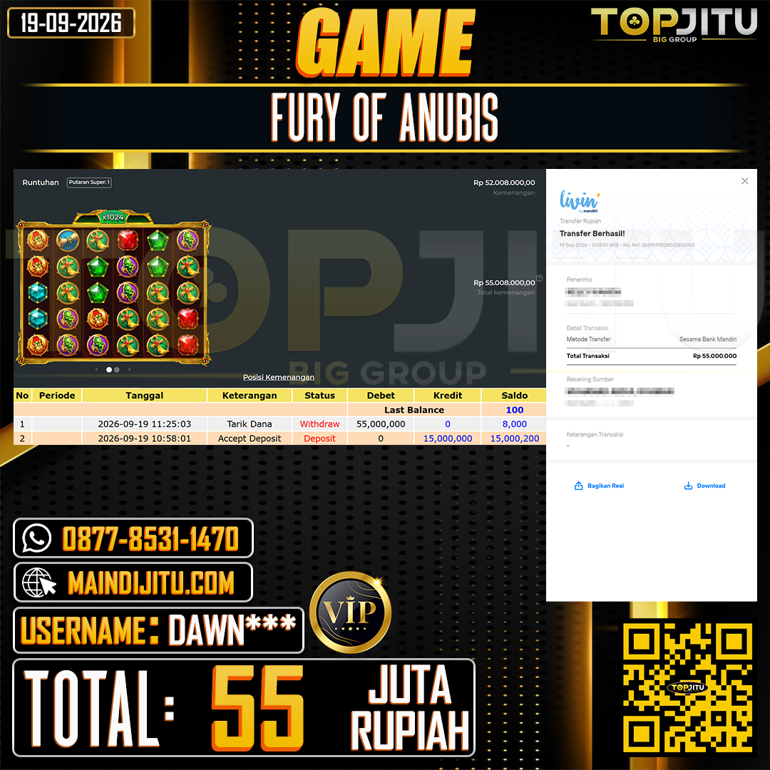 TOPJITU JACKPOT SLOT FURY OF ANUBIS Rp.55.000.000 ,- LUNAS USER ID : DAWN****