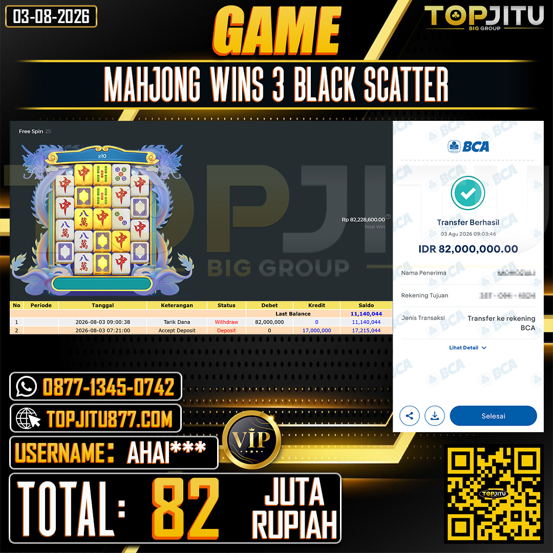TOPJITU JACKPOT SLOT MAHJONG WINS 3 BLACK SCATTER Rp.82.000.000 ,- LUNAS USER ID : AHAI****