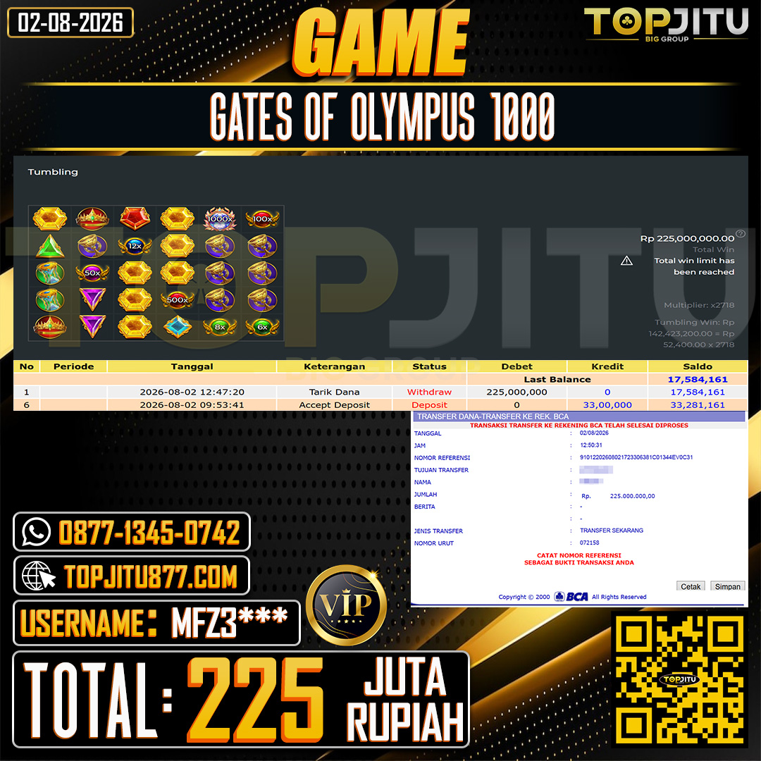 TOPJITU JACKPOT SLOT GATES OF OLYMPUS 1000 Rp.225.000.000 ,- LUNAS USER ID : MFZ3***