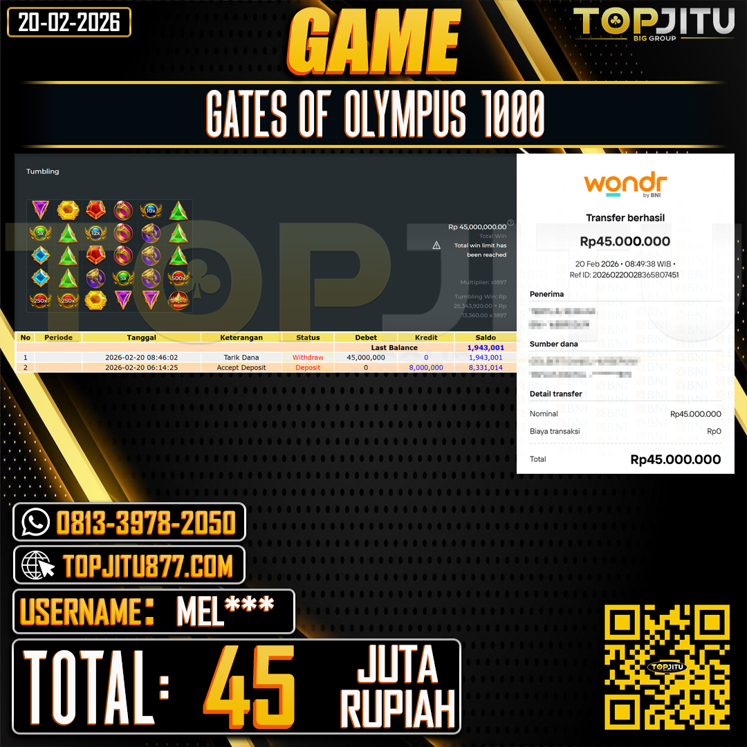          TOPJITU JACKPOT SLOT GATES OF OLYMPUS 1000 Rp.45.000.000 ,- LUNAS USER ID:MEL***