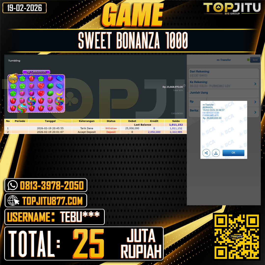          TOPJITU JACKPOT  SLOT SWEET BONANZA 1000  Rp.25.000.000 ,- LUNAS USER ID:TEBU***